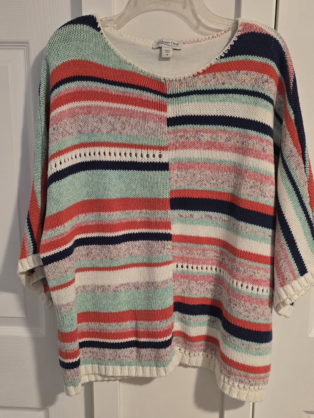 Coldwater Creek Striped Crewneck Sweater in Mint, Coral & Navy